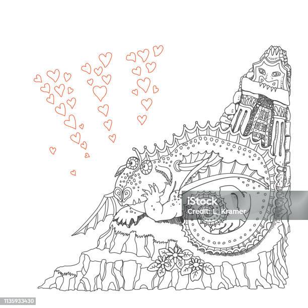 Vector Humorous Cartoon Fairy Tale Rocky Island Landscape With Fat Dragon Dreaming Of Love Hand Drawn Black And White Doodle Sketch Tee Shirt Fantasy Print Adults And Children Coloring Book Page Stock Illustration - Download Image Now