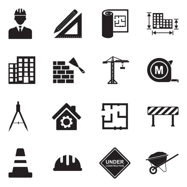 ilustraciones, imágenes clip art, dibujos animados e iconos de stock de iconos de arquitectura y construcción. diseño plano negro. ilustración vectorial. - construction material material brick building activity