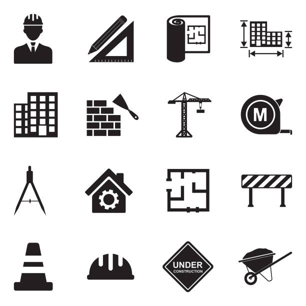 Architecture And Construction Icons. Black Flat Design. Vector Illustration. Building, Worker, Job, City blueprint industry work tool planning stock illustrations