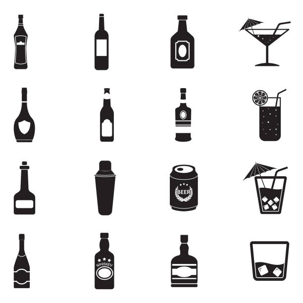 Alcohol Icons. Black Flat Design. Vector Illustration. Wine, Rum, Vodka, Glass, Bottle bourbon barrel stock illustrations