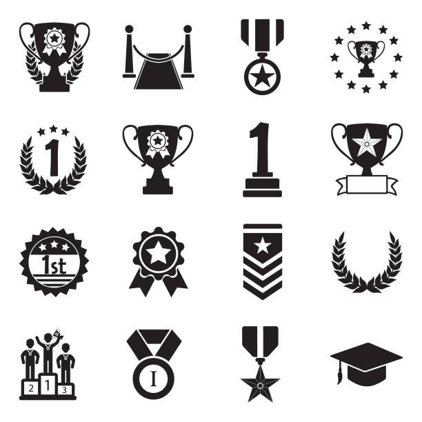 ilustrações de stock, clip art, desenhos animados e ícones de trophy and awards icons. black flat design. vector illustration. - medal star shape war award