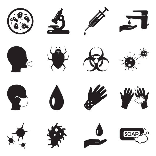 Infection Icons. Black Flat Design. Vector Illustration. Hospital, Doctor, Nurse, Bacterium spore stock illustrations