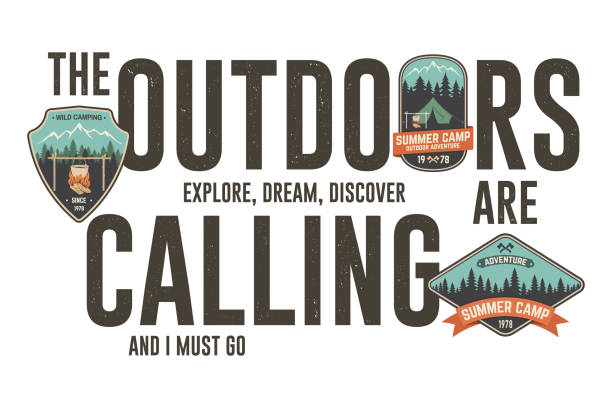 The outdoors are calling badge design. Vector graphic for t shirt, tee, print, apparel. Modern typography design with camping patch and outdoor adventure slogan text. Vector illustration. Summer camp