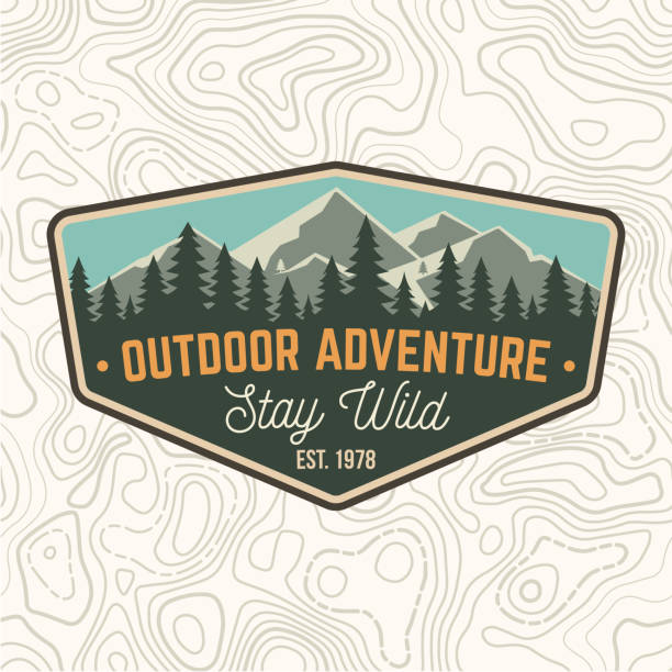 Stay wild, outdoor adventure patch. Vector. Concept for shirt or print, stamp or tee. Vintage typography design with mountains and forest silhouette. Outdoor adventure badge. Stay wild, outdoor adventure patch. Vector illustration. Concept for shirt or print, stamp or tee. Vintage typography design with mountains and forest silhouette. Outdoor adventure badge. forest symbols stock illustrations