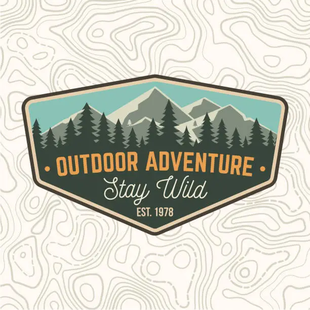 Vector illustration of Stay wild, outdoor adventure patch. Vector. Concept for shirt or print, stamp or tee. Vintage typography design with mountains and forest silhouette. Outdoor adventure badge.