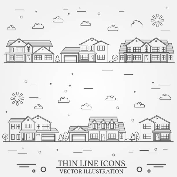 Neighborhood with homes illustrated. Vector thin line icon suburban american houses. For web design and application interface, also useful for infographics. Vector dark grey. Neighborhood with homes illustrated on white. Vector thin line icon suburban american houses. For web design and application interface, also useful for infographics. Vector dark grey. line drawing of house stock illustrations