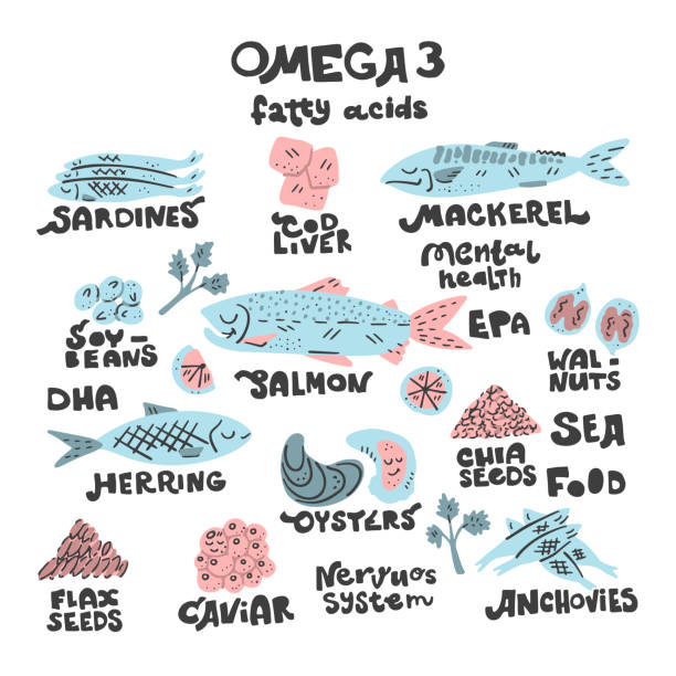 illustrazioni stock, clip art, cartoni animati e icone di tendenza di raw omega 3 fonti simili - fish oil illustrations