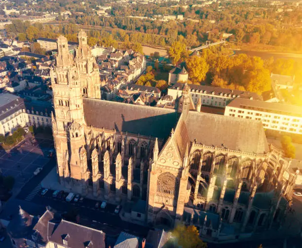 Aerial view of Tours cityscape with famous Cathedral in sunrise