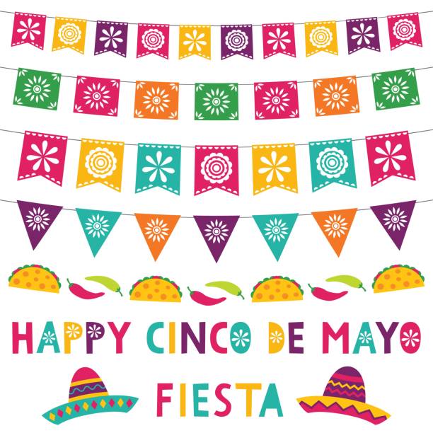 ilustraciones, imágenes clip art, dibujos animados e iconos de stock de tarjeta cinco de mayo con pancartas y sombreros de fiesta - mexico