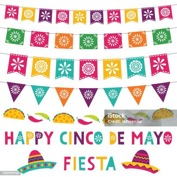 Carta Cinco De Mayo Con Striscioni Per Feste E Sombreros - Immagini vettoriali stock e altre immagini di Messico