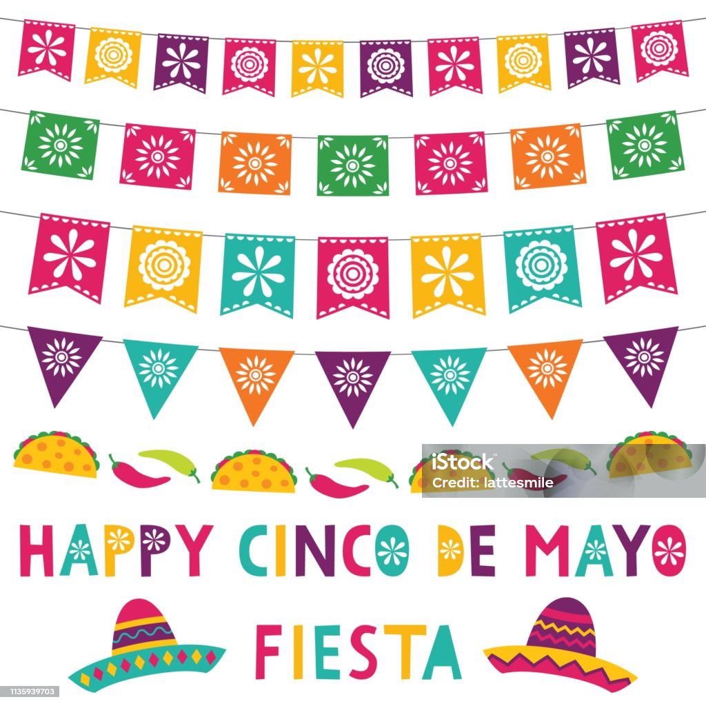 Cartão de cinco de Mayo com bandeiras e sombreros do partido - Vetor de México royalty-free