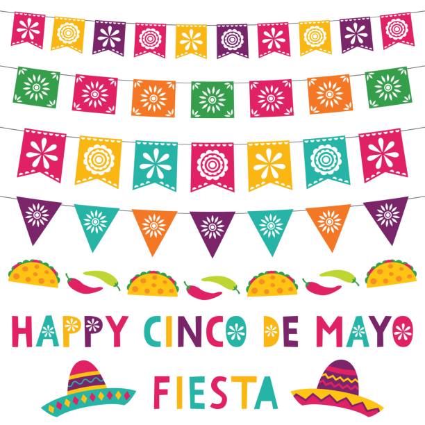 Cinco de Mayo card with party banners and sombreros Cinco de Mayo card with party banners and sombreros cinco de mayo stock illustrations