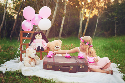 Shot of an adorable little dressed as a princess having a teat party with her stuffed toys in the garden