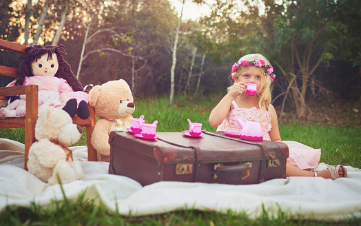 Shot of an adorable little dressed as a princess having a teat party with her stuffed toys in the garden