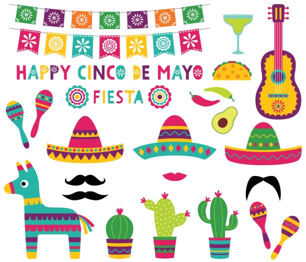 cinco de mayo partyset (banner, sombreros, pinata, kakteen, gitarre) - musikinstrument fotos stock-grafiken, -clipart, -cartoons und -symbole
