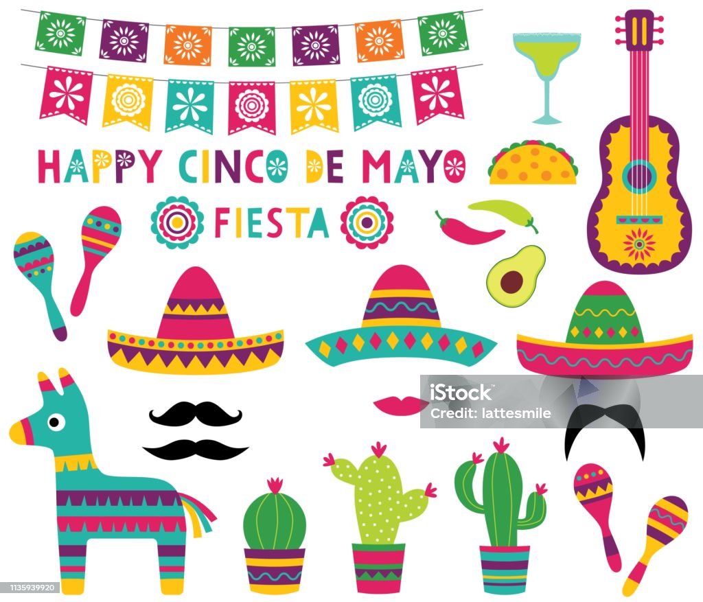 Синко де Майо участник набор (баннер, сомбреро, пината, кактусы, гитара) - Векторная графика Мексика роялти-фри