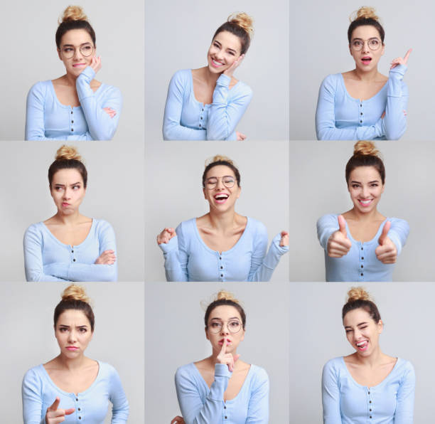 collage de retrato de chica con diferentes expresiones faciales - facial expression women multiple image thinking fotografías e imágenes de stock