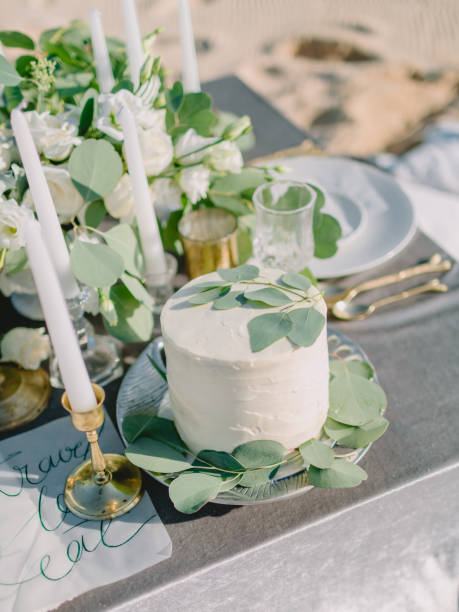 istock Wedding sweet cake and eucalyptus leaves for decoration. Wedding dinner 1135942867