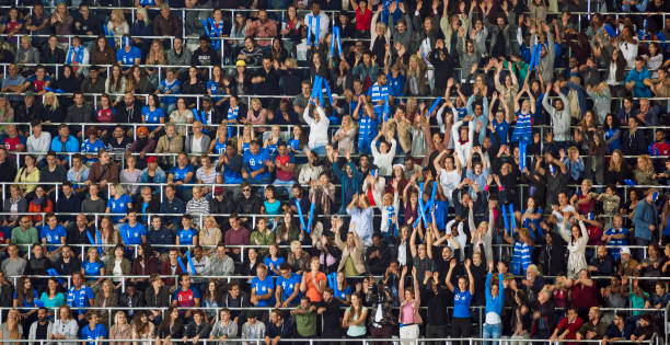 Group of spectators cheering in stadium Blurred motion of group of fans cheering while watching match in stadium. doing the wave stock pictures, royalty-free photos & images