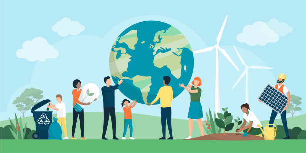Multiethnic group of people cooperating for environmental protection Multiethnic group of people cooperating for environmental protection and sustainability in a park: they are supporting earth together, recycling waste, growing plants and choosing renewable energy resources environment illustrations stock illustrations