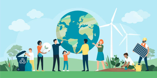 Multiethnic group of people cooperating for environmental protection Multiethnic group of people cooperating for environmental protection and sustainability in a park: they are supporting earth together, recycling waste, growing plants and choosing renewable energy resources man holding earth stock illustrations
