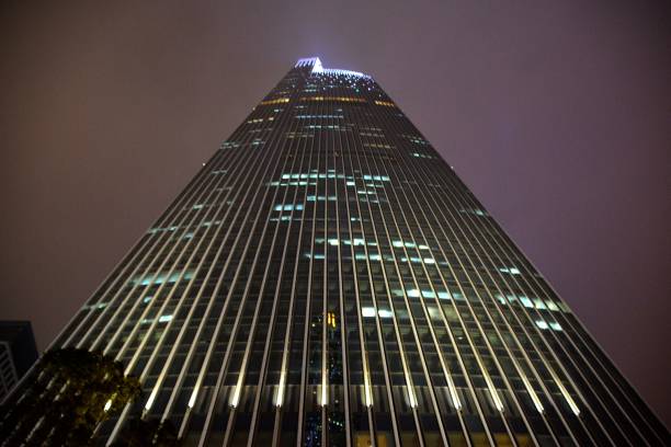 Low angle view of Chow Tai Fook Centre, or Guangzhou East Tower, the tallest skyscraper in Guangzhou, China. It is 530 mt tall and the third tallest in China.