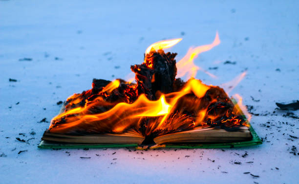 burning book in  snow. pages with the text in  open book burn with  bright flame. burning book in the snow. pages with the text in the open book burn with a bright flame. book burning photos stock pictures, royalty-free photos & images