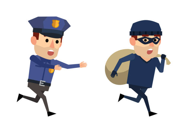 polisi lucu dan pencuri. perampok dengan tas melarikan diri dari petugas polisi - perampok pencuri ilustrasi stok