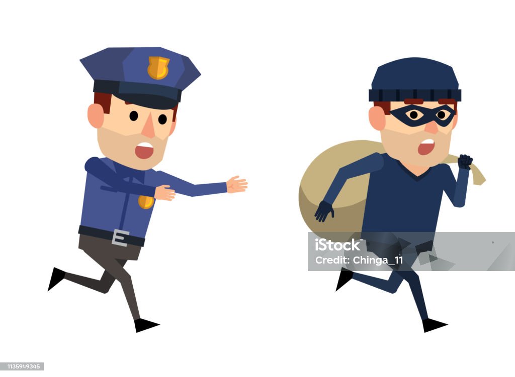 Funny Policeman And Thief Robber With Bag Running Away From Police Officer  Stock Illustration - Download Image Now - iStock