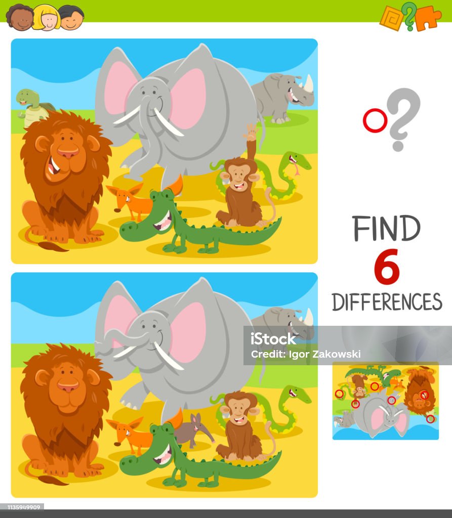 find differences with cartoon animal characters Cartoon Illustration of Finding Six Differences Between Pictures Educational Game for Children with Funny Animals Aardvark stock vector