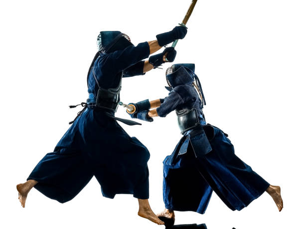 Kendo martial arts fighters silhouette isolated white bacground two Kendo martial arts fighters combat fighting in silhouette isolated on white bacground kendo stock pictures, royalty-free photos & images