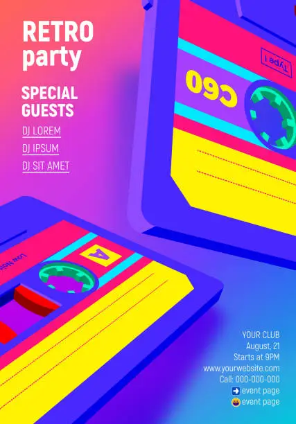 Vector illustration of Compact cassette poster with vibrant retro 80s styled party invitation