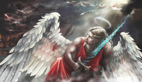 The angel with the sword. Fell. Battle of angels. Digital painting.