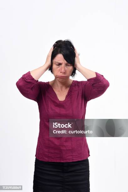 Woman With Headache On White Background Stock Photo - Download Image Now - Adult, Adults Only, Beautiful People