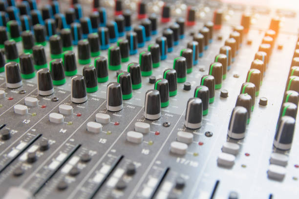 istock Audio sound mixer control panel.  Sound console buttons for adjust the volume 1135963300