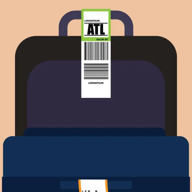 Vector illustration of luggage tag label on suitcase with country code and barcode. vector illustration