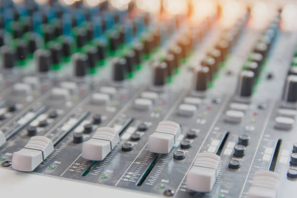istock Audio sound mixer control panel.  Sound console buttons for adjust the volume 1135963788