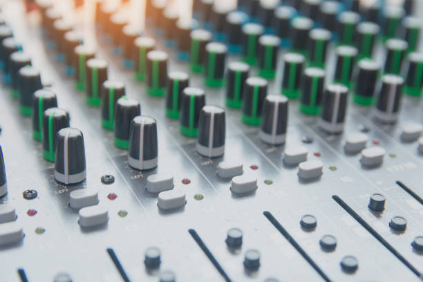 istock Audio sound mixer control panel.  Sound console buttons for adjust the volume 1135964381
