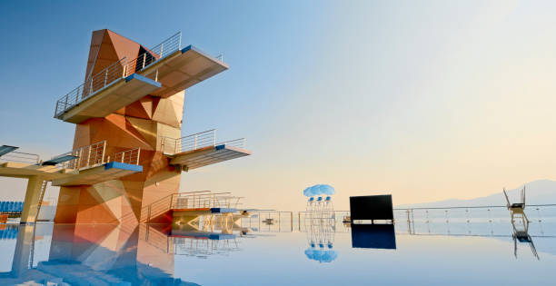 piscina vacía - diving board fotografías e imágenes de stock