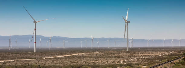 Dozens of turbine towers in a wind farm in a desert area in the state of Coahuila in northern Mexico Coahuila, Mexico, Oct 13 - A panoramic view of a wind power plant in the state of Coahuila, in northern Mexico, in a particularly arid area but crossed by constant winds, perfect for the natural and sustainable production of electricity. landscape alternative energy scenics farm stock pictures, royalty-free photos & images