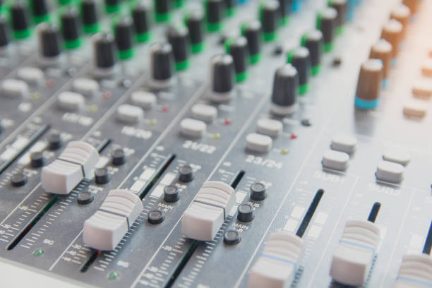istock Audio sound mixer control panel.  Sound console buttons for adjust the volume 1135964819