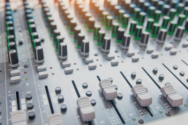 istock Audio sound mixer control panel.  Sound console buttons for adjust the volume 1135964871