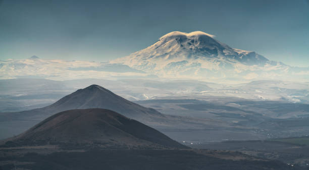 View from the top of Mashuk mountain to Elbrus. Pyatigorsk, Caucasus, Russia stock photo