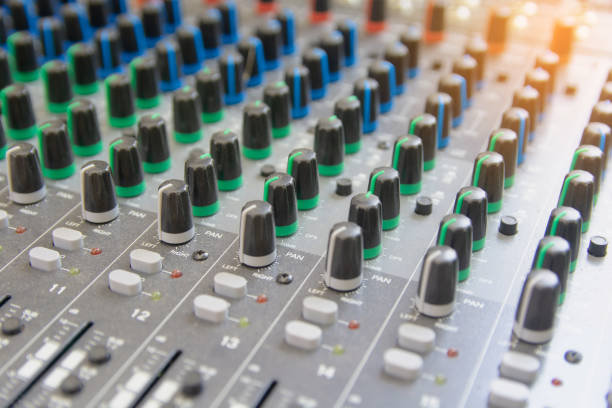 istock Audio sound mixer control panel.  Sound console buttons for adjust the volume 1135965803