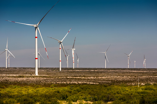 Coahuila, Mexico, Oct 13 - A panoramic view of a wind power plant in the state of Coahuila, in northern Mexico, in a particularly arid area but crossed by constant winds, perfect for the natural and sustainable production of electricity.