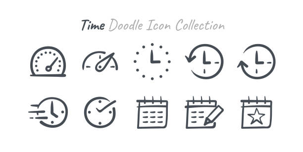 zeit doodle-icon-sammlung - minutehand stock-grafiken, -clipart, -cartoons und -symbole