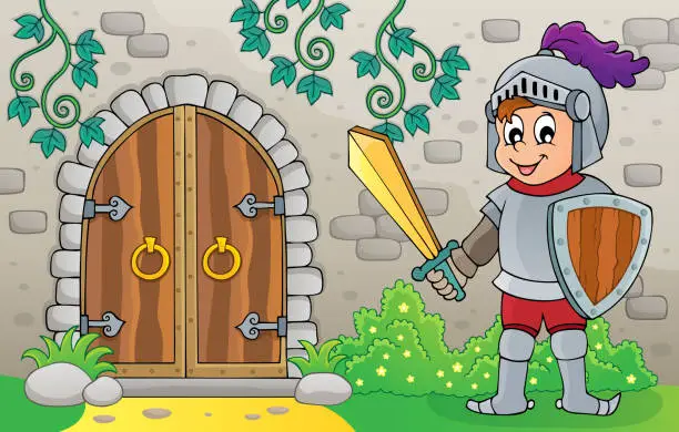 Vector illustration of Knight by old door theme image 1