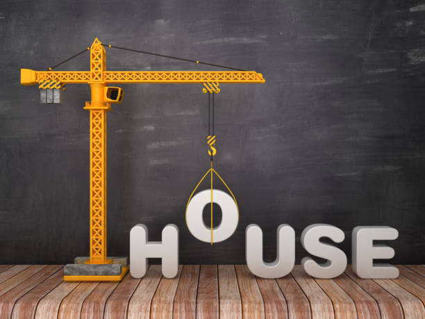 istock Tower Crane with HOUSE Word on Chalkboard Background - 3D Rendering 1135969490