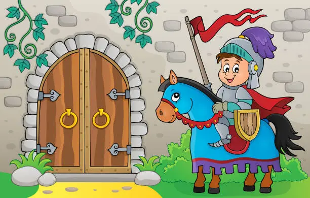Vector illustration of Knight on horse by old door theme 1