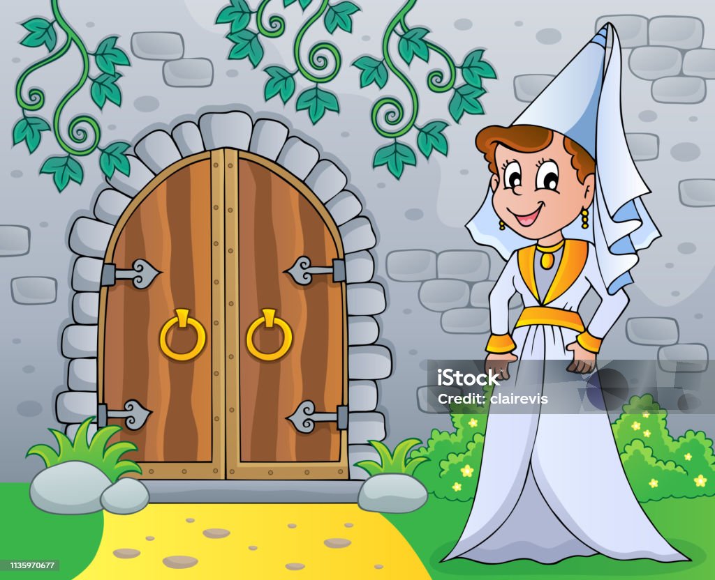 Medieval lady by old door theme image 1 Medieval lady by old door theme image 1 - eps10 vector illustration. Adult stock vector